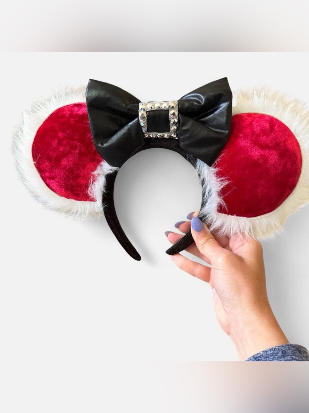 Handmade Minnie Mouse Christmas Plush Red & Black Holiday Mouse Ear Headband